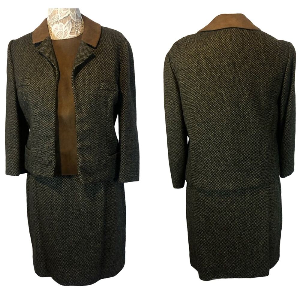 Vintage 1950s Glenhaven Green Brown Tweed 3pc Skirt Suit Set USA Made 6-8